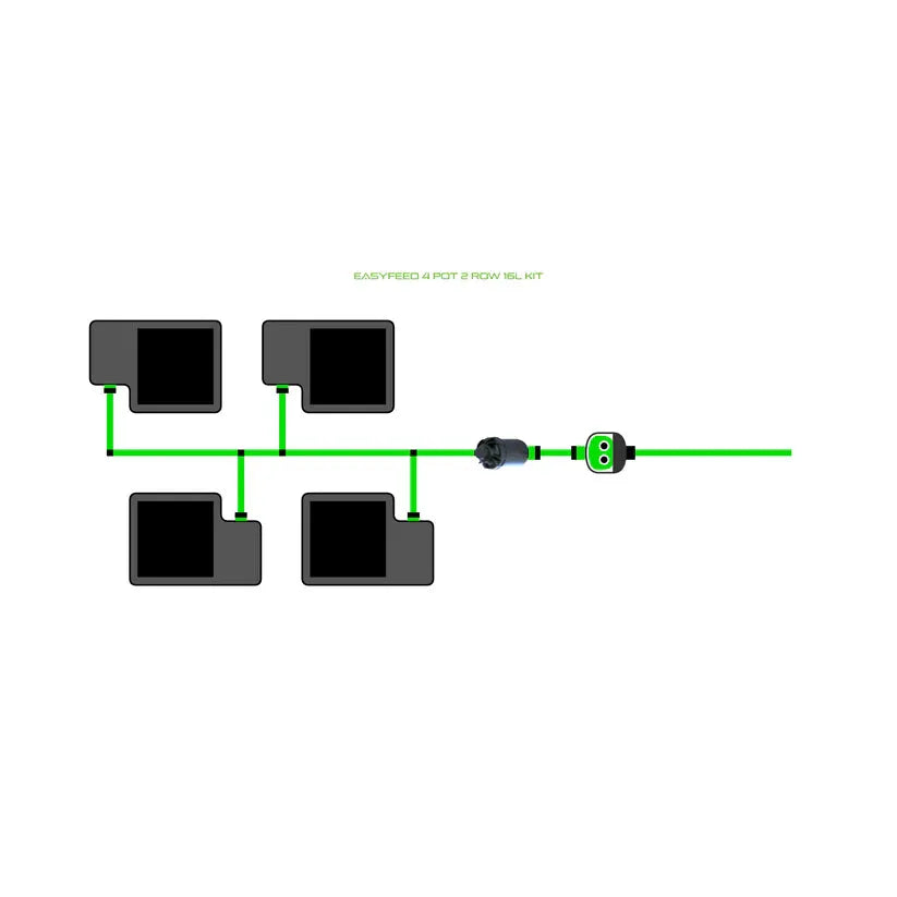 EASYFEED 4 pot 2 row 16L kit diagram: four dark pots, connected by green lines to a central feed system.