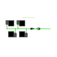 EASYFEED 4 pot 2 row 16L kit diagram: four dark pots, connected by green lines to a central feed system.