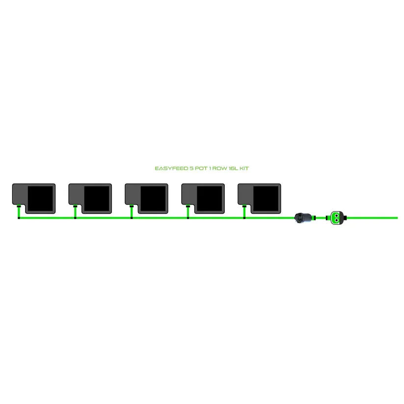EASYFEED 5 POT 1 ROW 16L KIT: diagram of a hydroponic irrigation system with 5 black pots & green tubing.