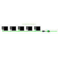 EASYFEED 5 POT 1 ROW 16L KIT: diagram of a hydroponic irrigation system with 5 black pots & green tubing.