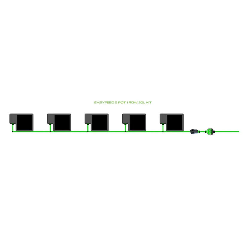 EASYFEED 5 POT 1 ROW 30L KIT: Five black square plant pots connected by a green irrigation line in a single row.