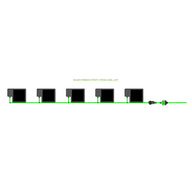 EASYFEED 5 POT 1 ROW 30L KIT: Five black square plant pots connected by a green irrigation line in a single row.
