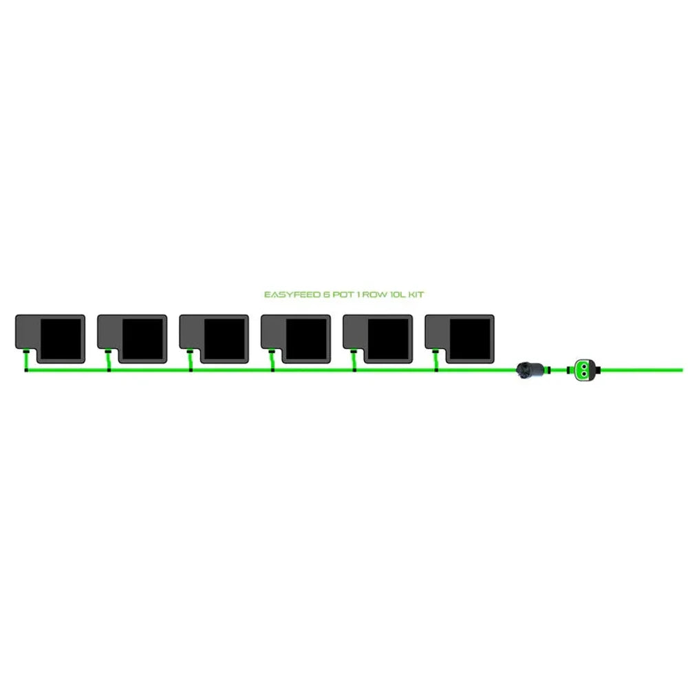 EASYFEED 6 POT 1 ROW 10L KIT diagram: six black square pots in a row, linked by green irrigation tubing.