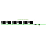 EASYFEED 6 POT 1 ROW 10L KIT diagram: six black square pots in a row, linked by green irrigation tubing.