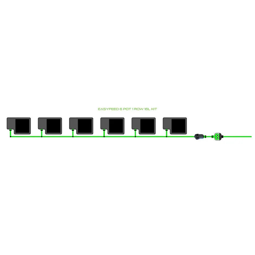 EASYFEED 6 POT 1 ROW 16L KIT: a hydroponic irrigation system with six black pots connected by green tubing in a line.