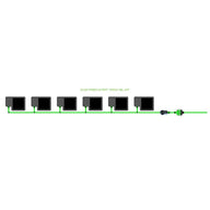 EASYFEED 6 POT 1 ROW 16L KIT: a hydroponic irrigation system with six black pots connected by green tubing in a line.