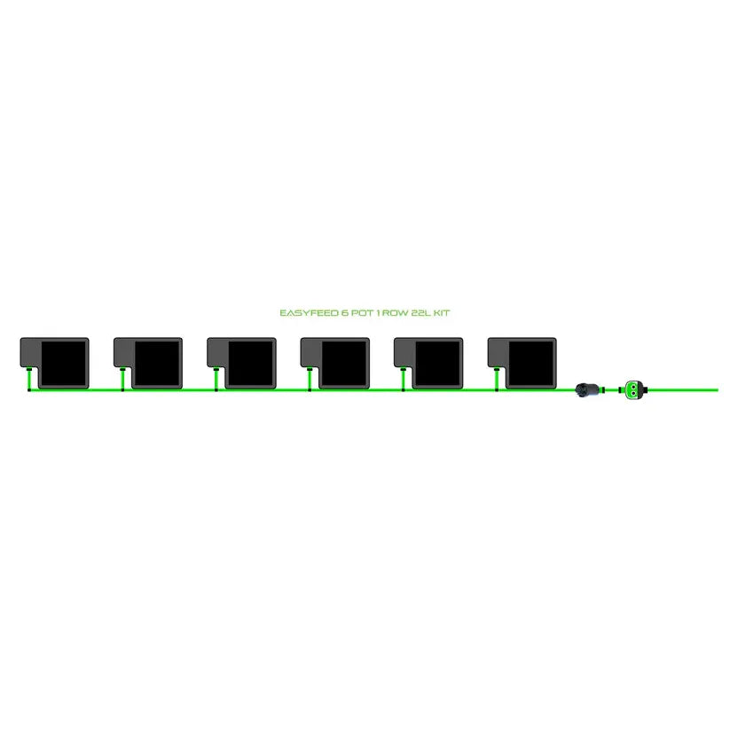 EASYFEED 6 pot 1 row 22L kit: six black square pots connected by bright green irrigation lines and fittings.
