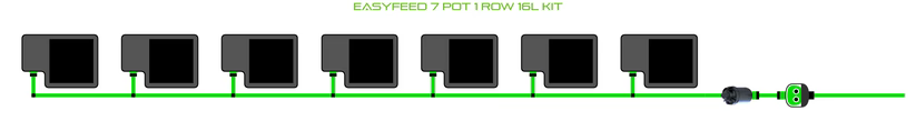 Diagram of a 7-pot, 1-row hydroponic system with green tubing connecting pots to a power source.