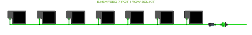 EASYFEED 7 pot 1 row 30L kit with connected pots, green tubing, and a plug.