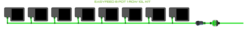 An EasyFeed 8 Pot 1 Row 10L Kit with grey pots and green tubing.