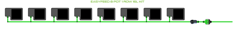 8 black pots connected by a green irrigation line with a power adapter.