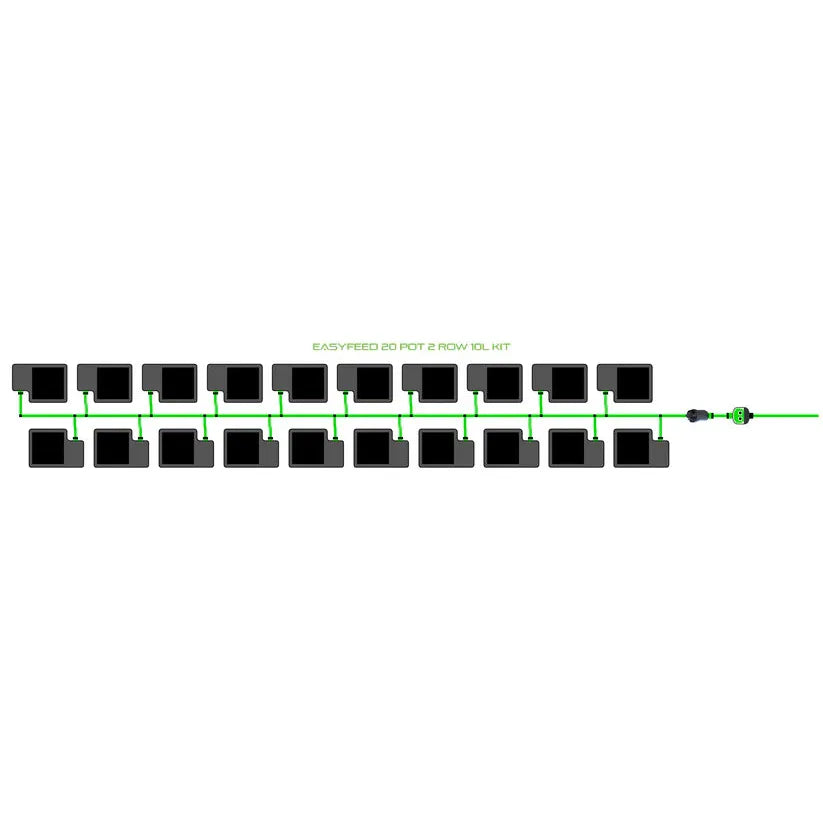 EASYFEED 20 POT 2 ROW 10L KIT diagram: 20 black pots in two rows connected by a green irrigation system.
