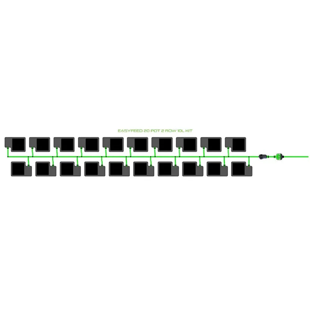 EASYFEED 20 POT 2 ROW 10L KIT diagram: 20 black pots in two rows connected by a green irrigation system.