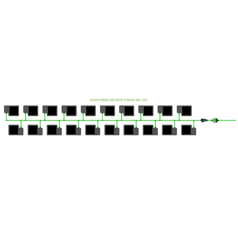 EASYFEED 20 POT 2 ROW 16L KIT: Diagram of 20 black pots in two rows connected by a green irrigation system.