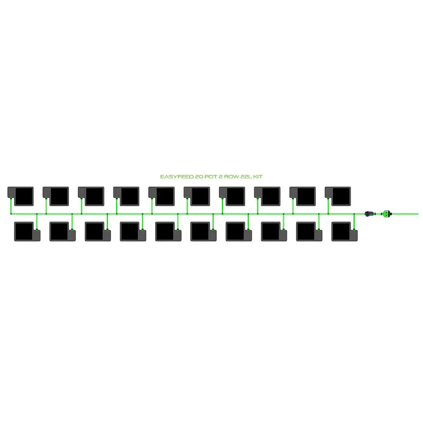 Diagram of an EASYFEED 20 pot 2 row 22L hydroponic kit with 20 black square pots connected by green irrigation lines.