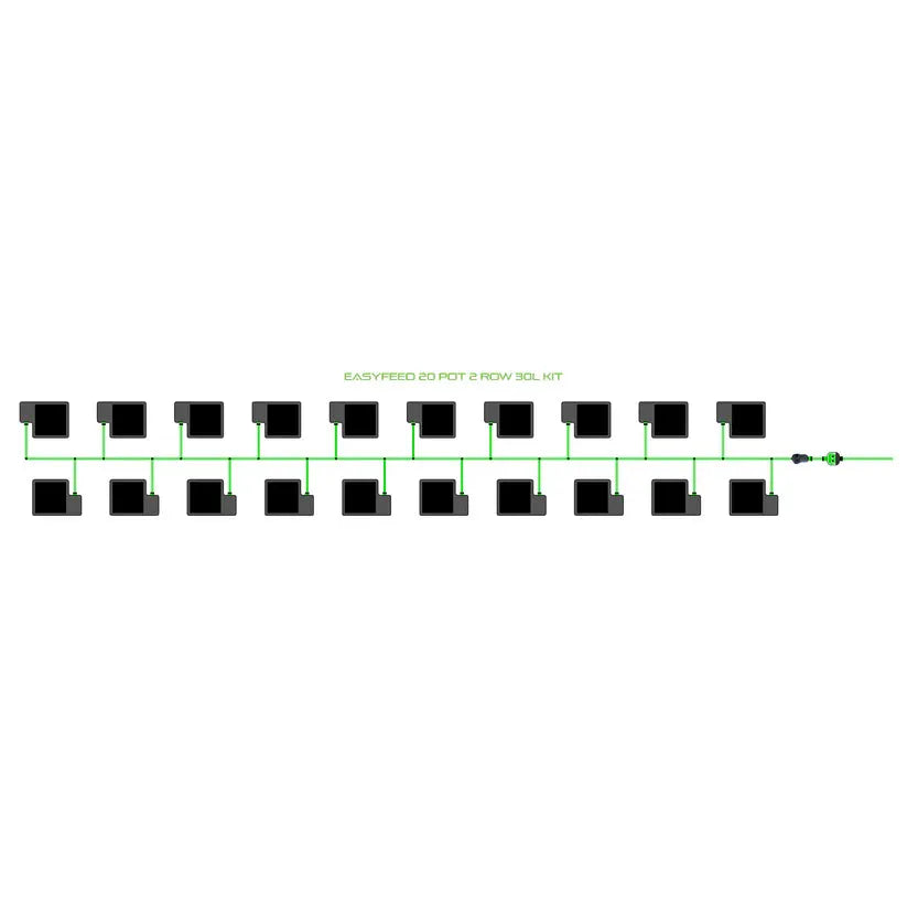 Diagram of an EASYFEED 20 Pot, 2 Row, 30L irrigation kit showing 20 black pots connected by green lines.