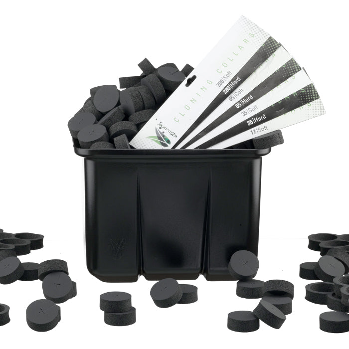 Black container filled with EZ-CLONE Classic Cloning Collars (black foam circles with slits) & white product packaging.
