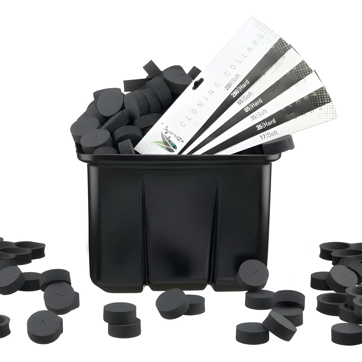 EZ-CLONE Classic Cloning Collars: black soft & hard foam discs in a container, with product labels and scattered collars.