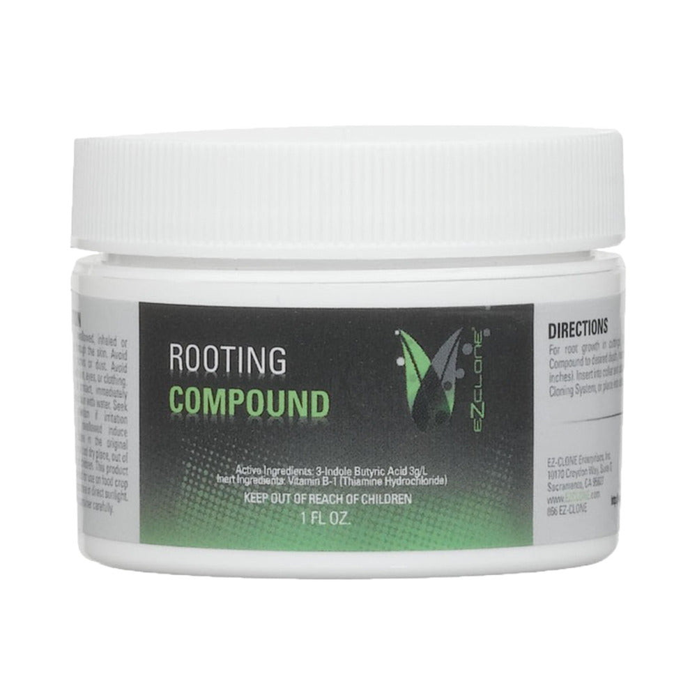 White EZ-CLONE Rooting Compound 1 fl oz jar with a black and green label showing active ingredients.