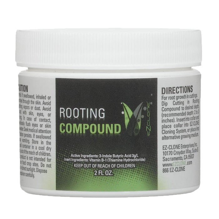 White EZ-CLONE Rooting Compound 2 FL OZ jar with a green and black label, used for plant cloning and propagation.