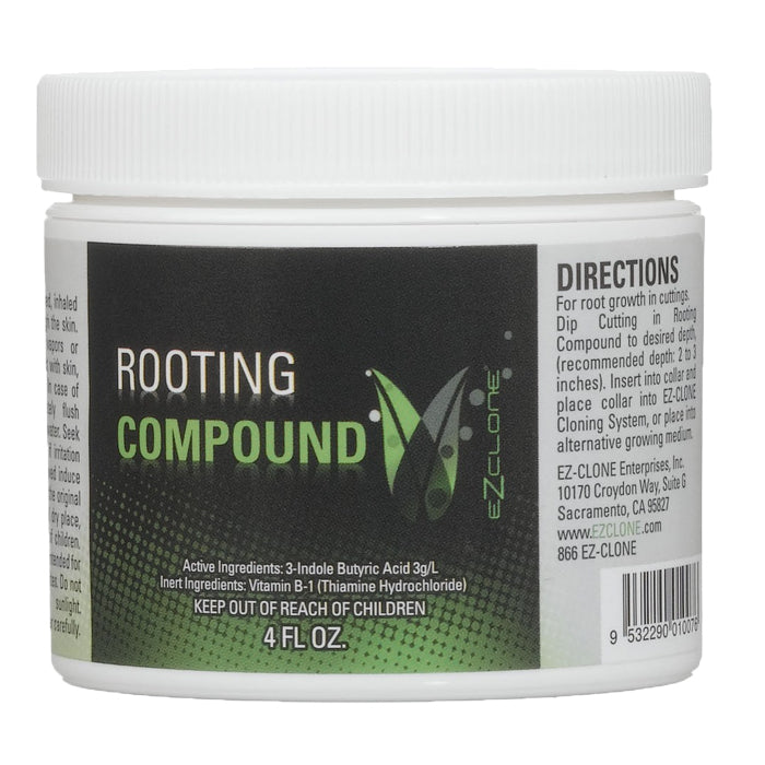 White 4 fl oz EZ-Clone Rooting Compound jar with a green and black label showing product name, ingredients, and directions.