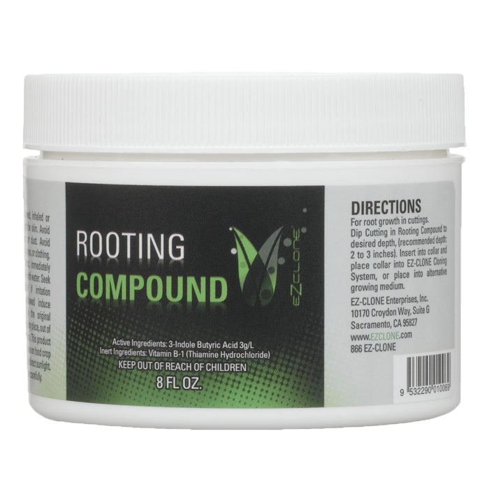 White EZ-Clone Rooting Compound 8 FL OZ plastic jar with green and black label displaying ingredients and directions.