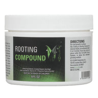 White EZ-Clone Rooting Compound 8 FL OZ plastic jar with green and black label displaying ingredients and directions.