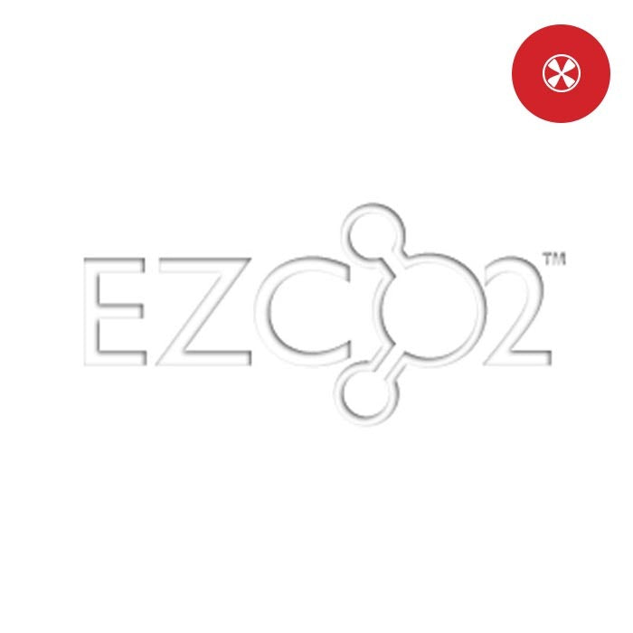 EZCO2 logo with molecular structure, and a radioactive symbol in a red circle.
