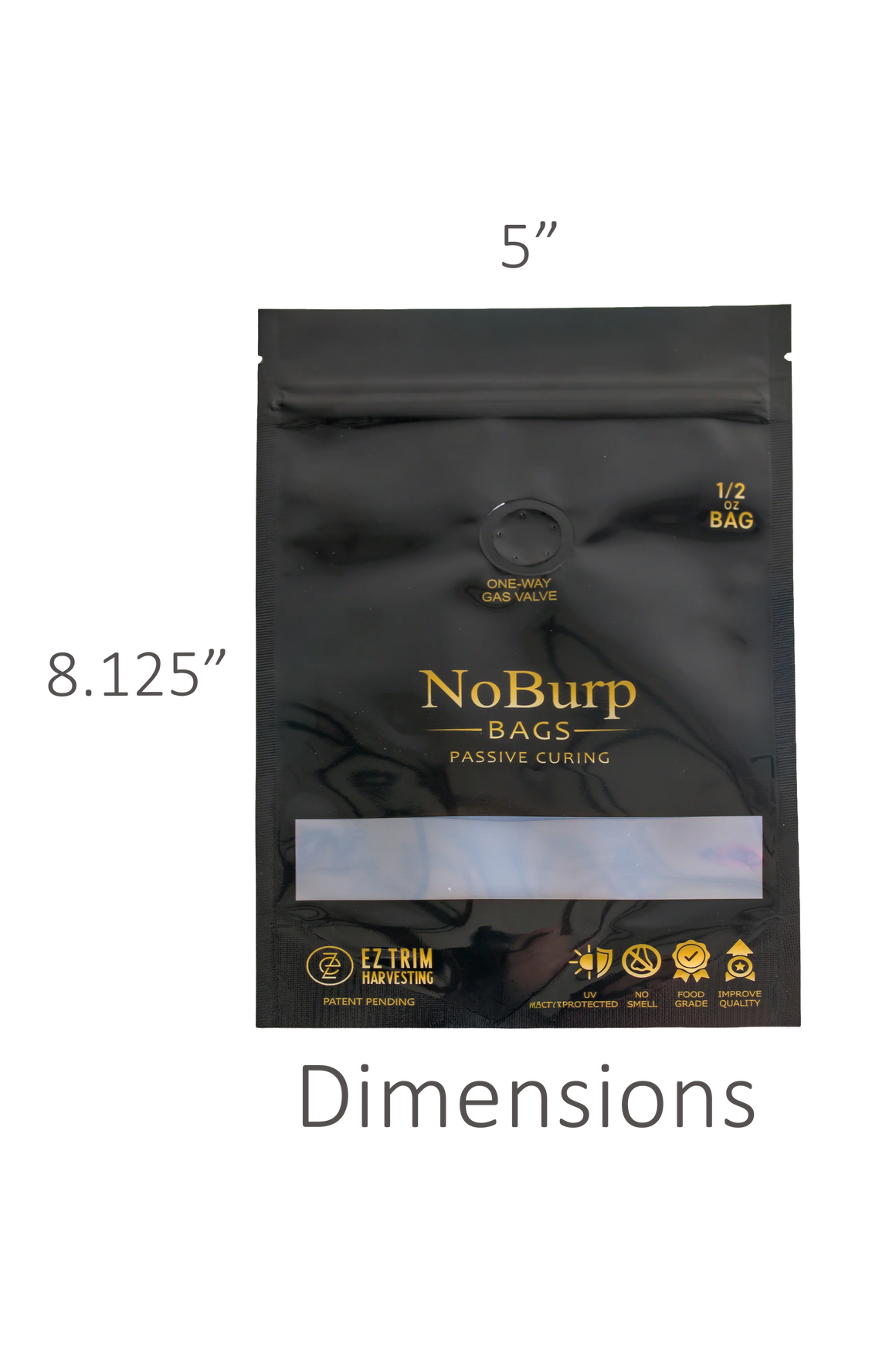 A black "NoBurp" 1/2 oz bag with a clear window and gold text. Dimensions 8.125" x 5".