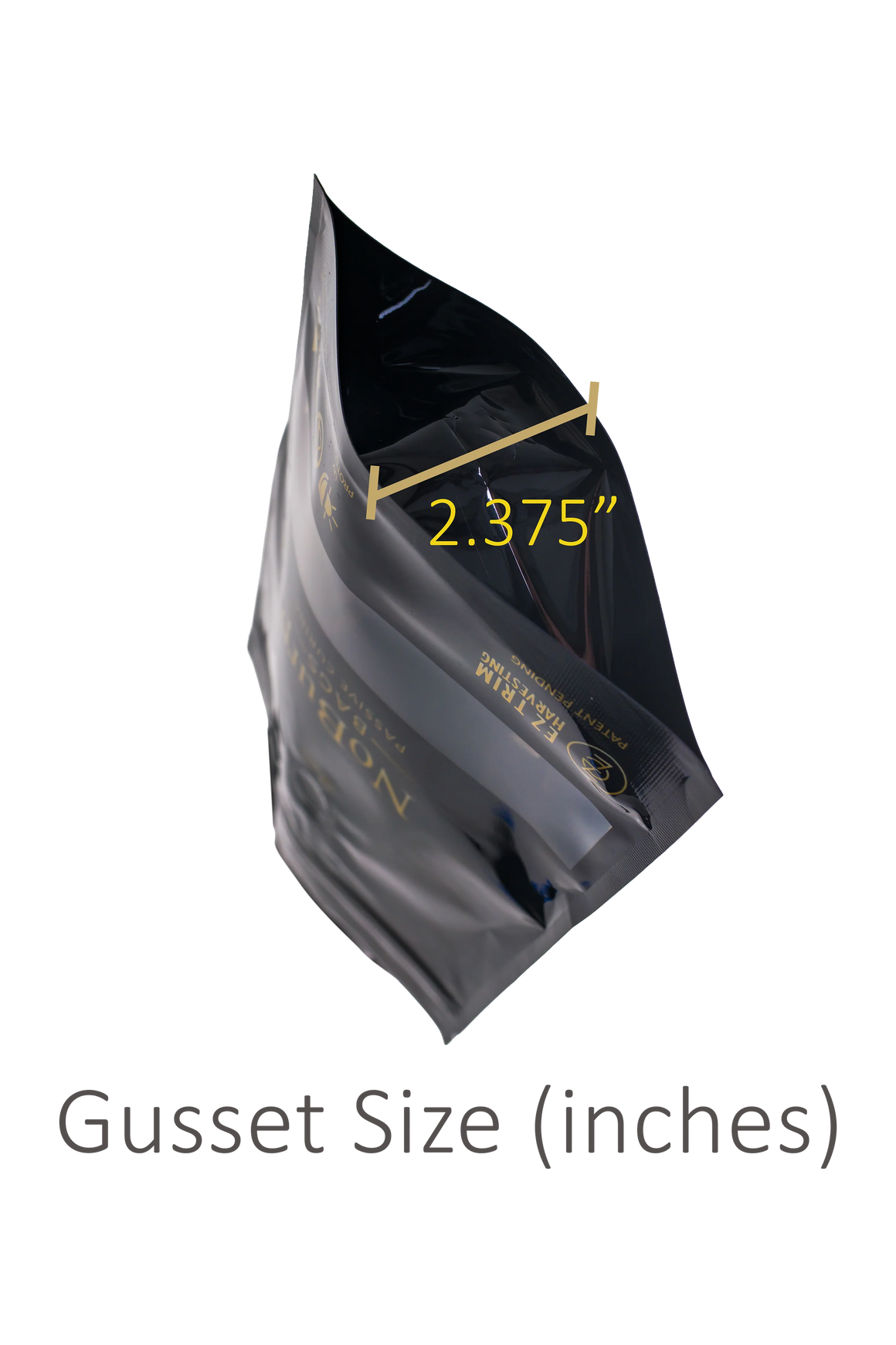 A black bag with "2.375" written on it, indicating its size in inches.