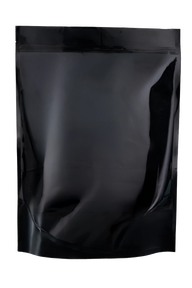 A black resealable pouch, on a black background.