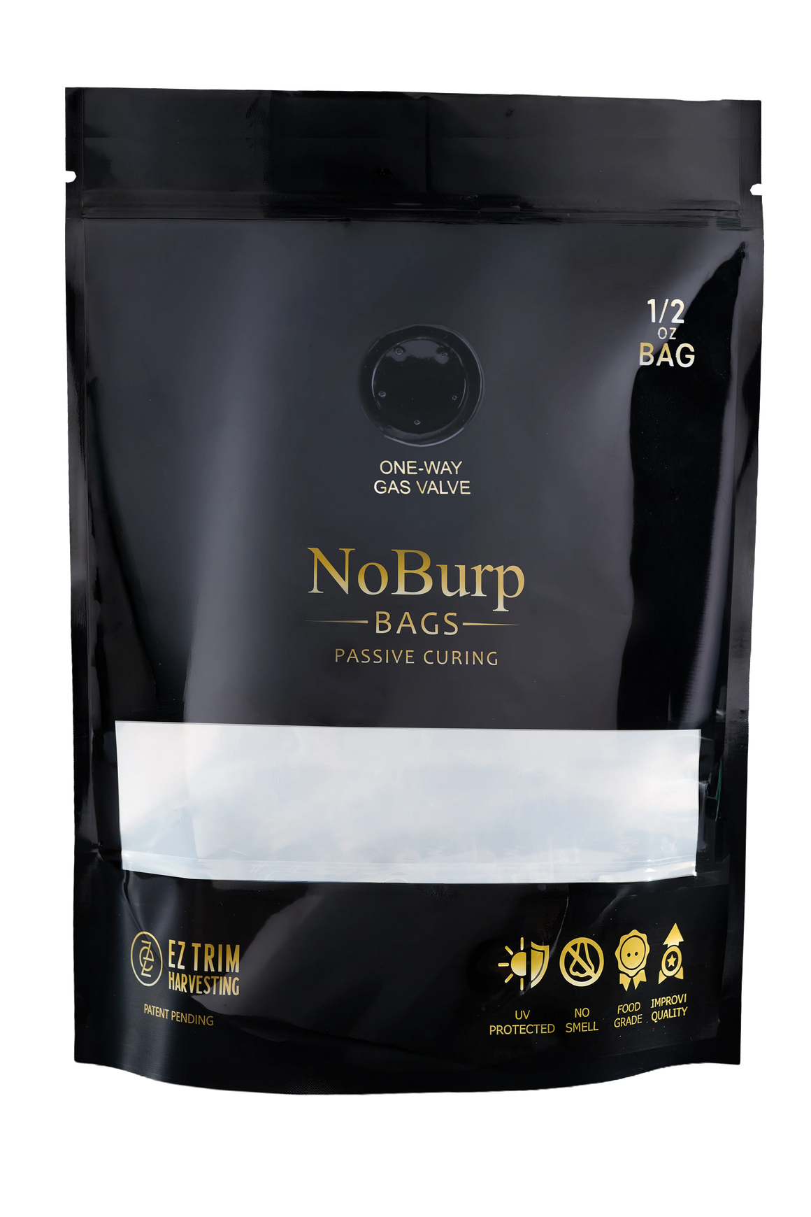 Black 1/2 oz NoBurp passive curing bag with gold text and logos, featuring a one-way gas valve.