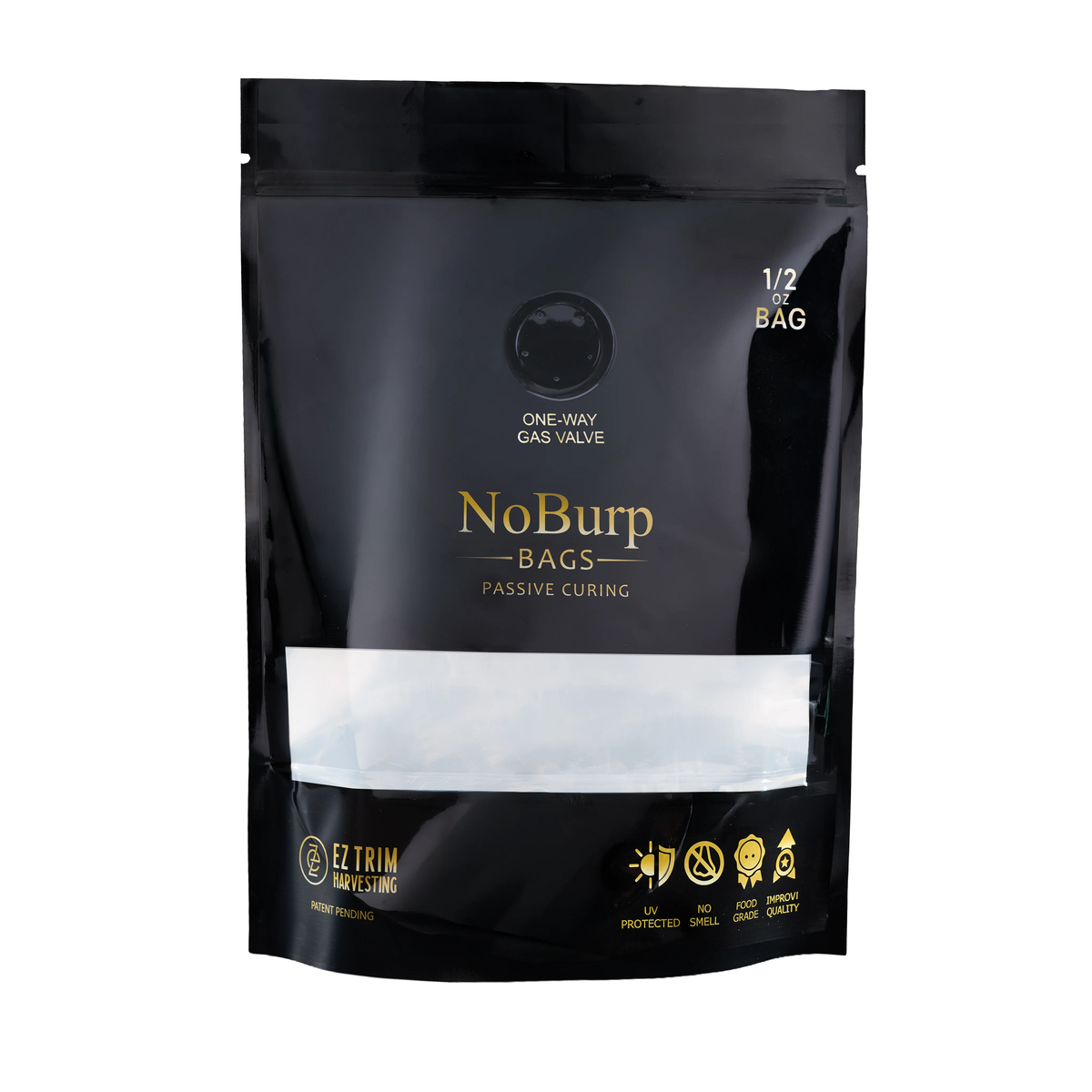 Black 1/2 oz NoBurp passive curing bag with gold text and logos, featuring a one-way gas valve.