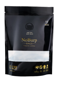 Black 1/2 oz NoBurp passive curing bag with gold text and logos, featuring a one-way gas valve.