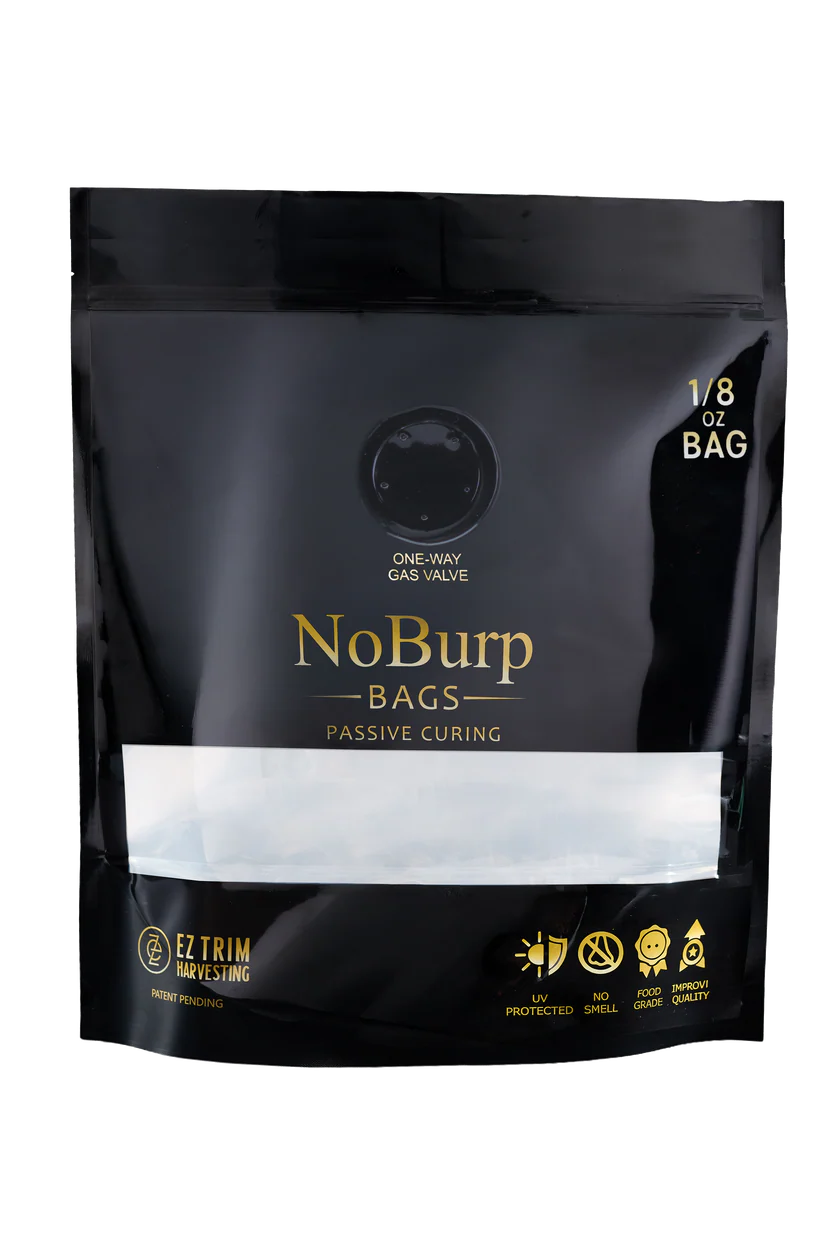 Black NoBurp Bags 1/8 oz with gold text and icons, featuring EZ Trim Harvesting logo.