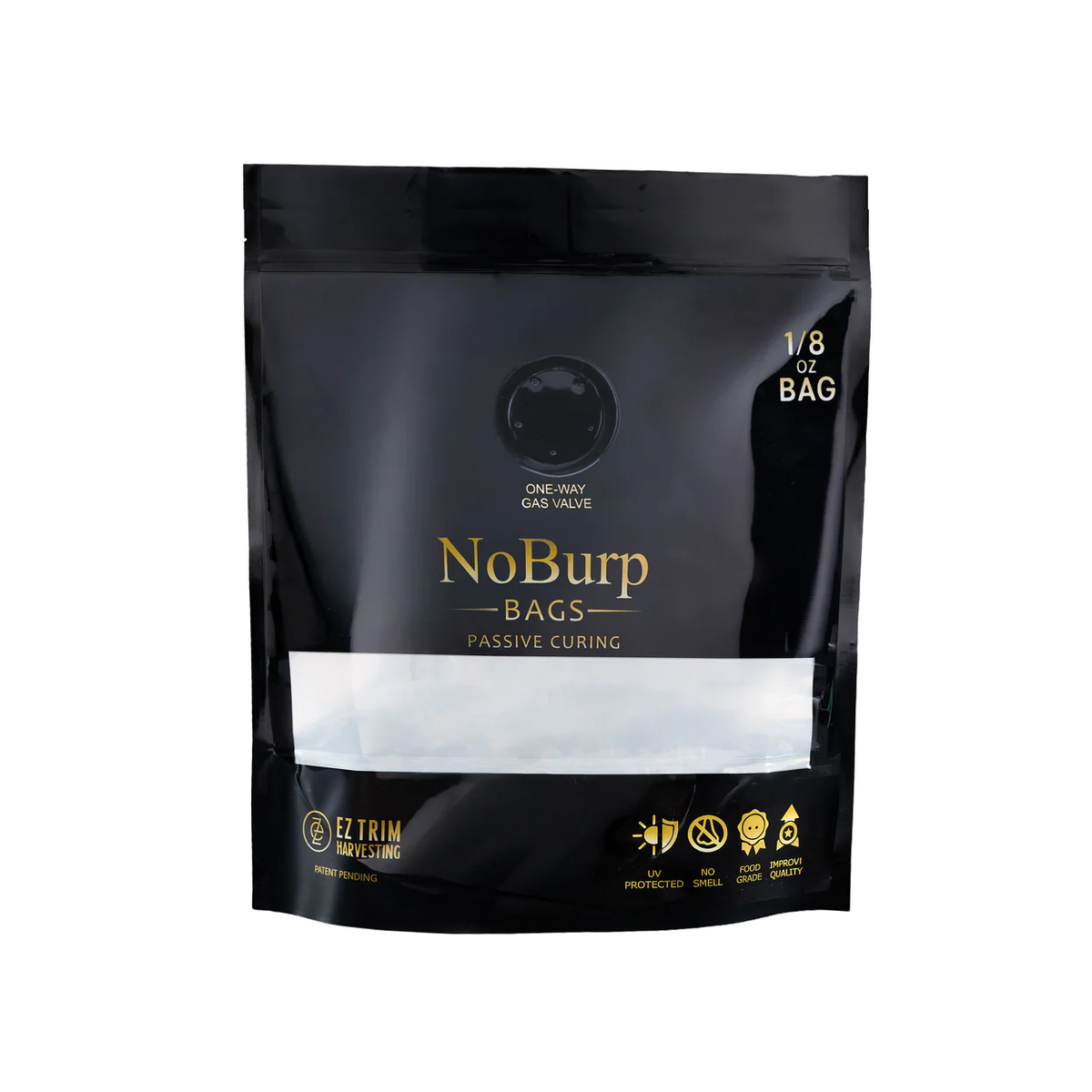 Black NoBurp Bags 1/8 oz with gold text and icons, featuring EZ Trim Harvesting logo.