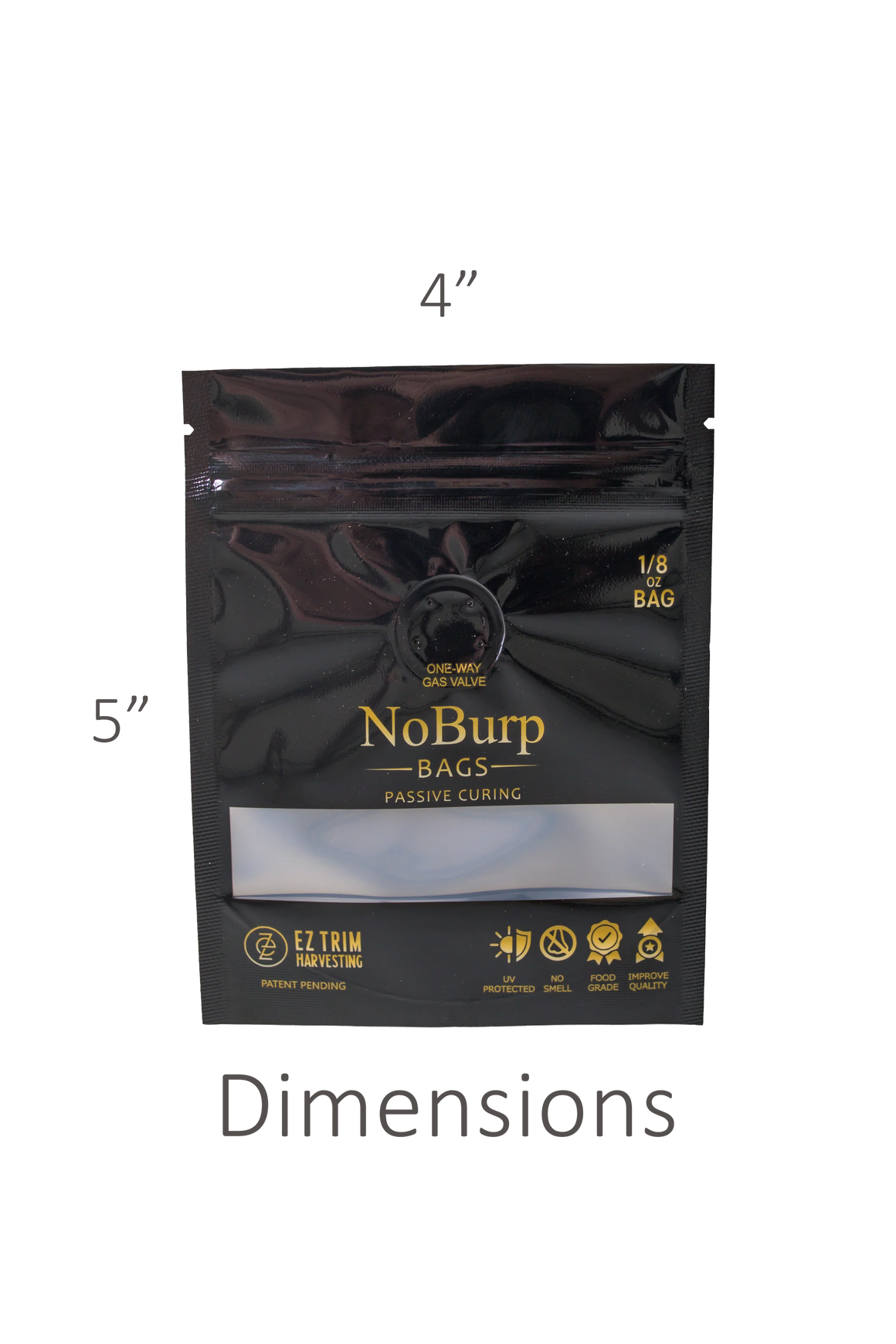 Black 1/8 oz NoBurp bag for passive curing, 4" x 5", featuring a one-way gas valve.