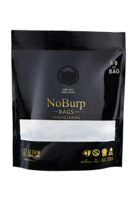 Black NoBurp Bags 1/8 oz with gold text and icons, featuring EZ Trim Harvesting logo.