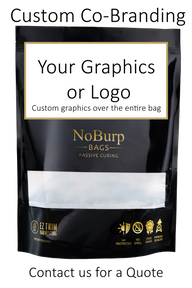 A black stand-up pouch with a white label displaying 