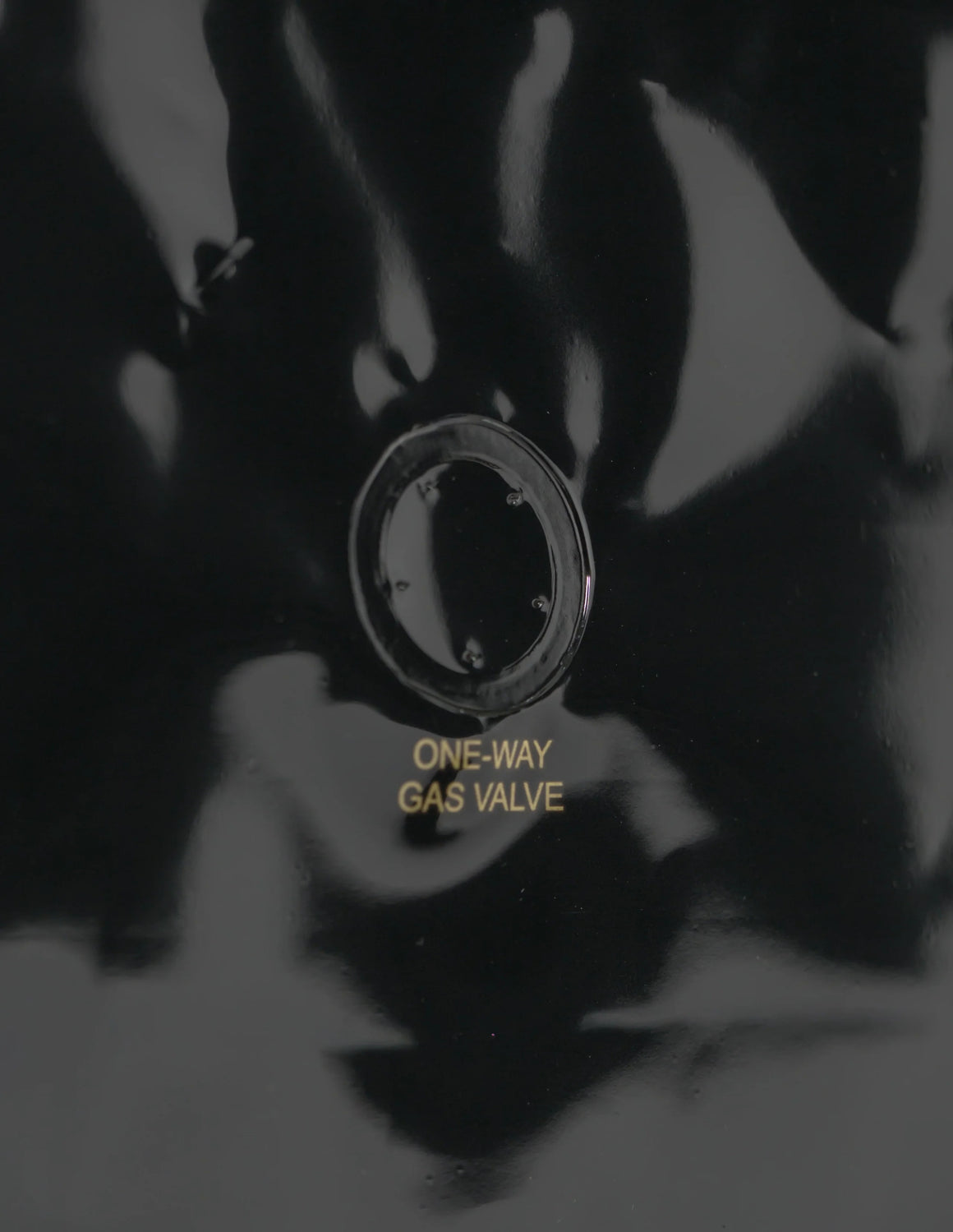 Gold text on a black bag reads "ONE-WAY GAS VALVE" next to a circular valve.