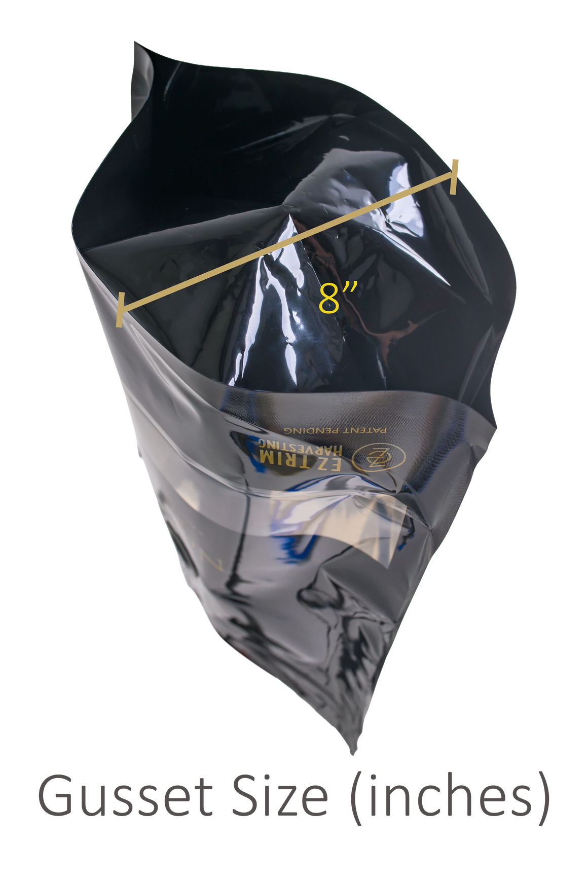 An 8" gusset size is indicated on a shiny black bag with a black background.