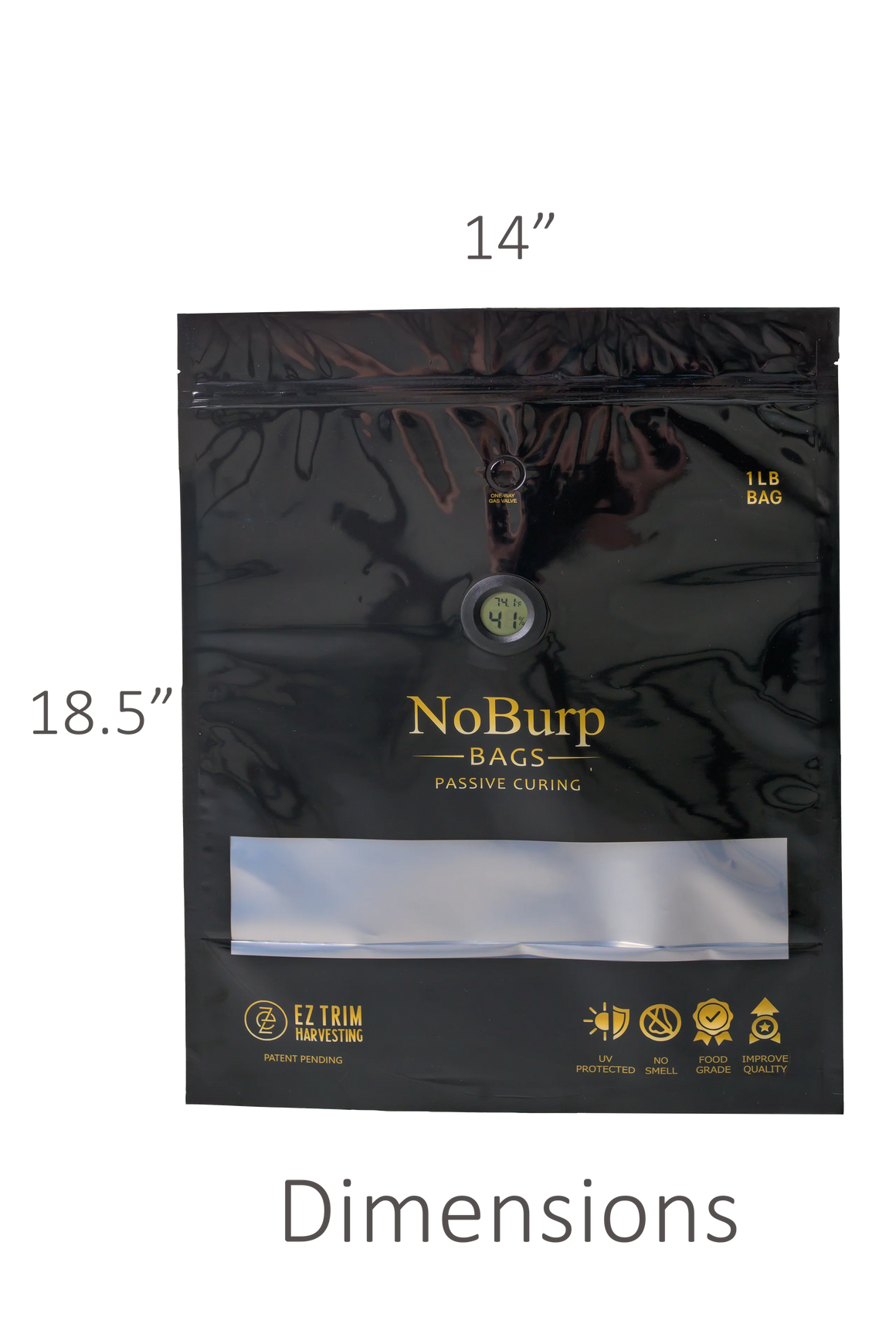 Black 1-pound NoBurp bag for passive curing with UV protection, no smell, food grade, and improved quality features.