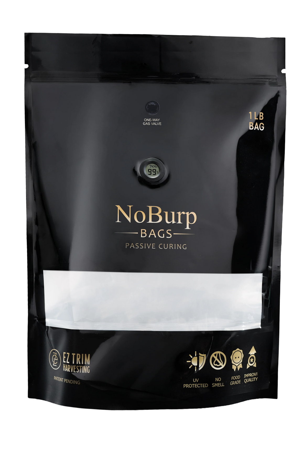 Black 1LB NoBurp bag for passive curing with temperature/humidity gauge.