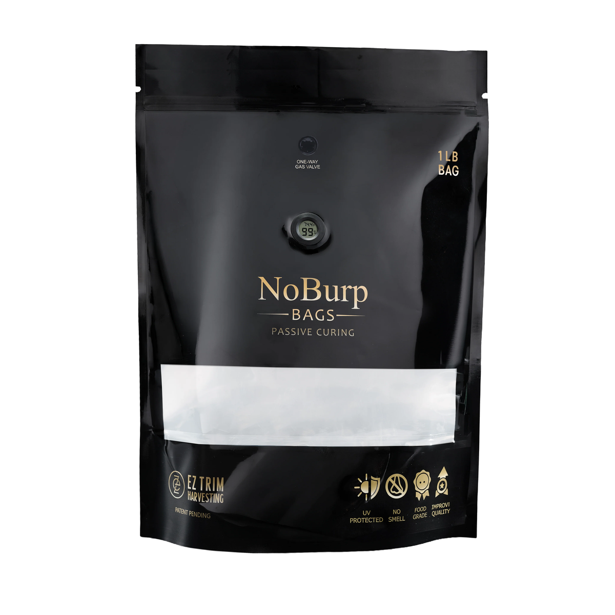 Black 1LB NoBurp bag for passive curing with temperature/humidity gauge.