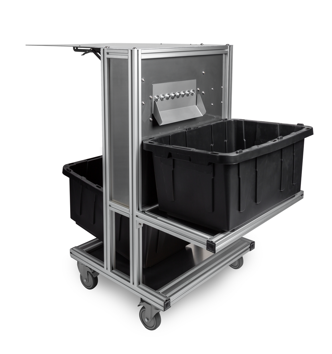 EZTrim BudBucker with two black bins on a wheeled aluminum frame.