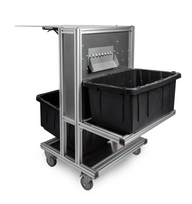 EZTrim BudBucker with two black bins on a wheeled aluminum frame.