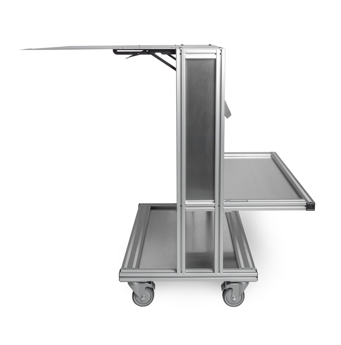 Silver EZ Trim Bud Bucker utility cart with a fold-out shelf and casters, isolated on white.