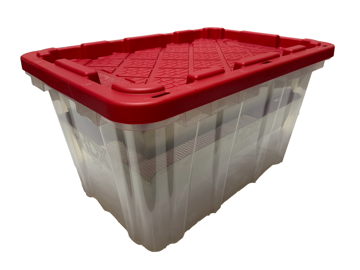 Clear plastic storage bin with red lid, ribbed texture, and visible brand labeling.