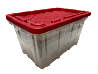Clear plastic storage bin with red lid, ribbed texture, and visible brand labeling.