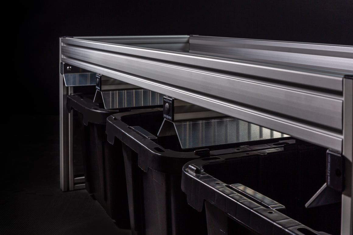 EZTrim BudSorter Mini detail: Aluminum frame and black bins, some with labels.